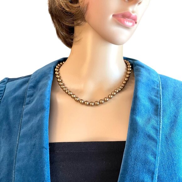 Monet Bronze Colored Faux Pearl Bead Necklace 16 to 18" w/ 8mm Beads Extender - Picture 8 of 9